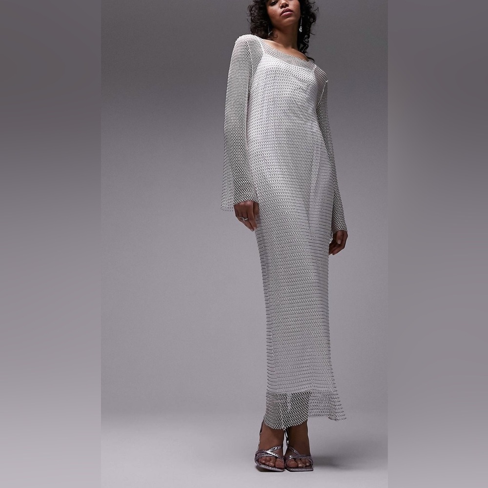 Topshop diamante mesh maxi dress in white